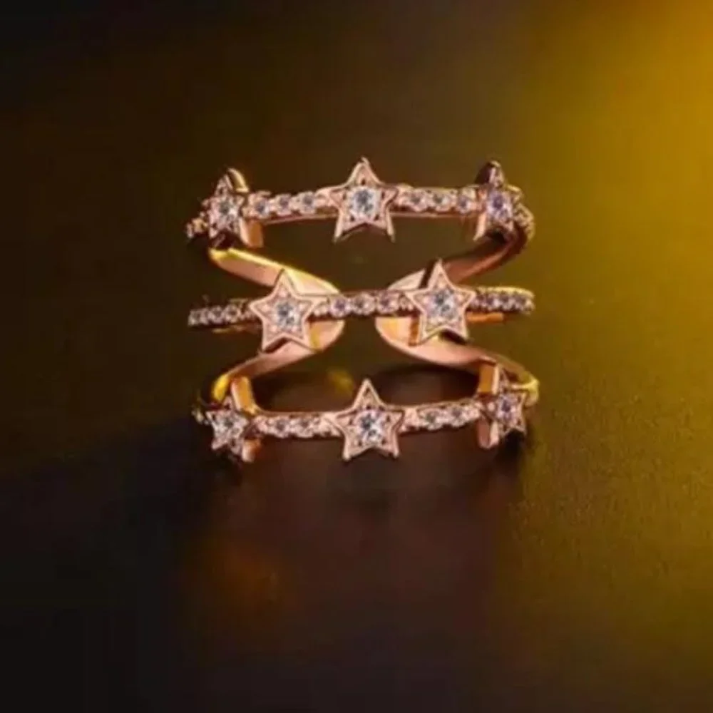 NEW 18K ROSE GOLD DIAMOND MULTI LAYER ADJUSTABLE RING, CUTE RING, SHINY RING. - Picture 3 of 7